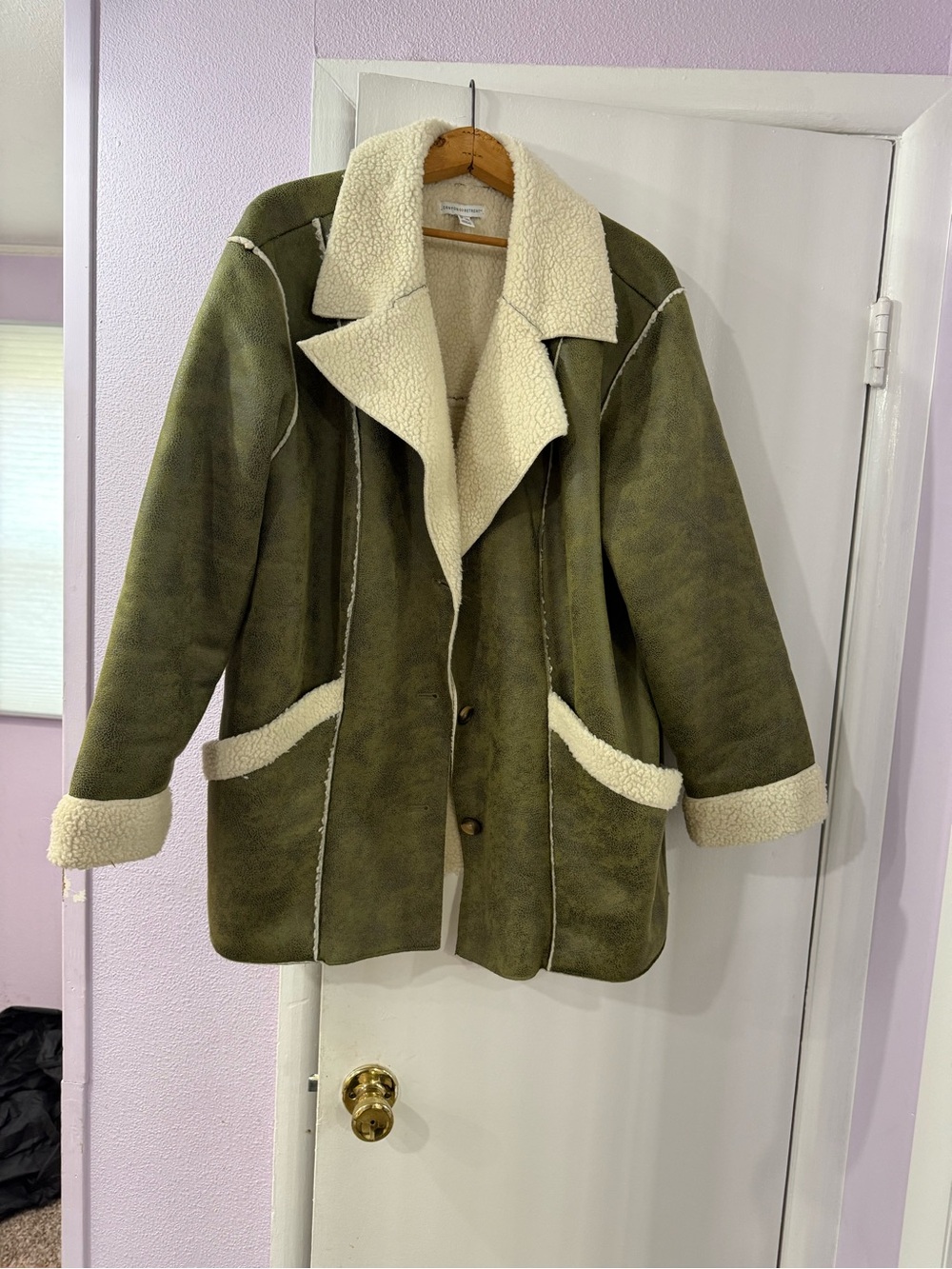 Olive Green Shearling-Trim Faux Suede Jacket